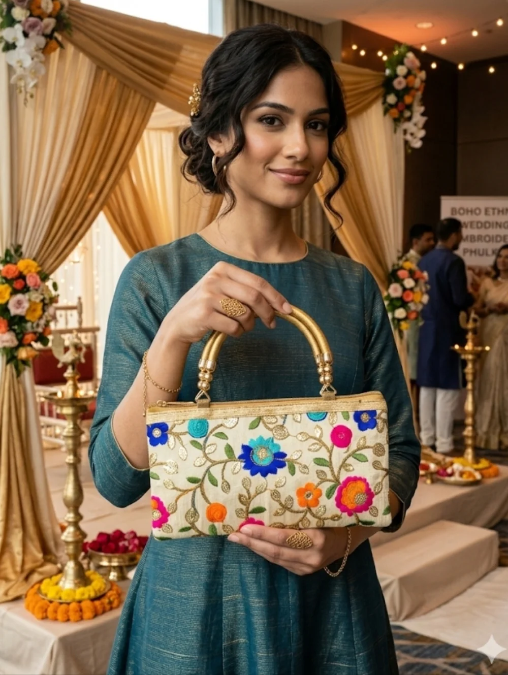 Hand-Embroidered Phulkari Floral Silk Clutch Bag | Boho Ethnic Wedding Gold